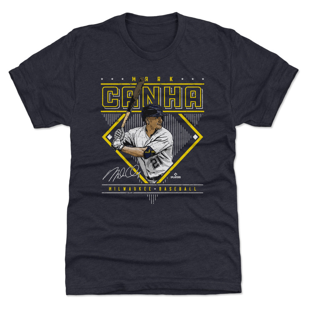 Milwaukee Brewers Mark Canha Men's Premium T-Shirt - Tri Navy - Milwaukee | 500 Level Major League Baseball Players Association (MLBPA)